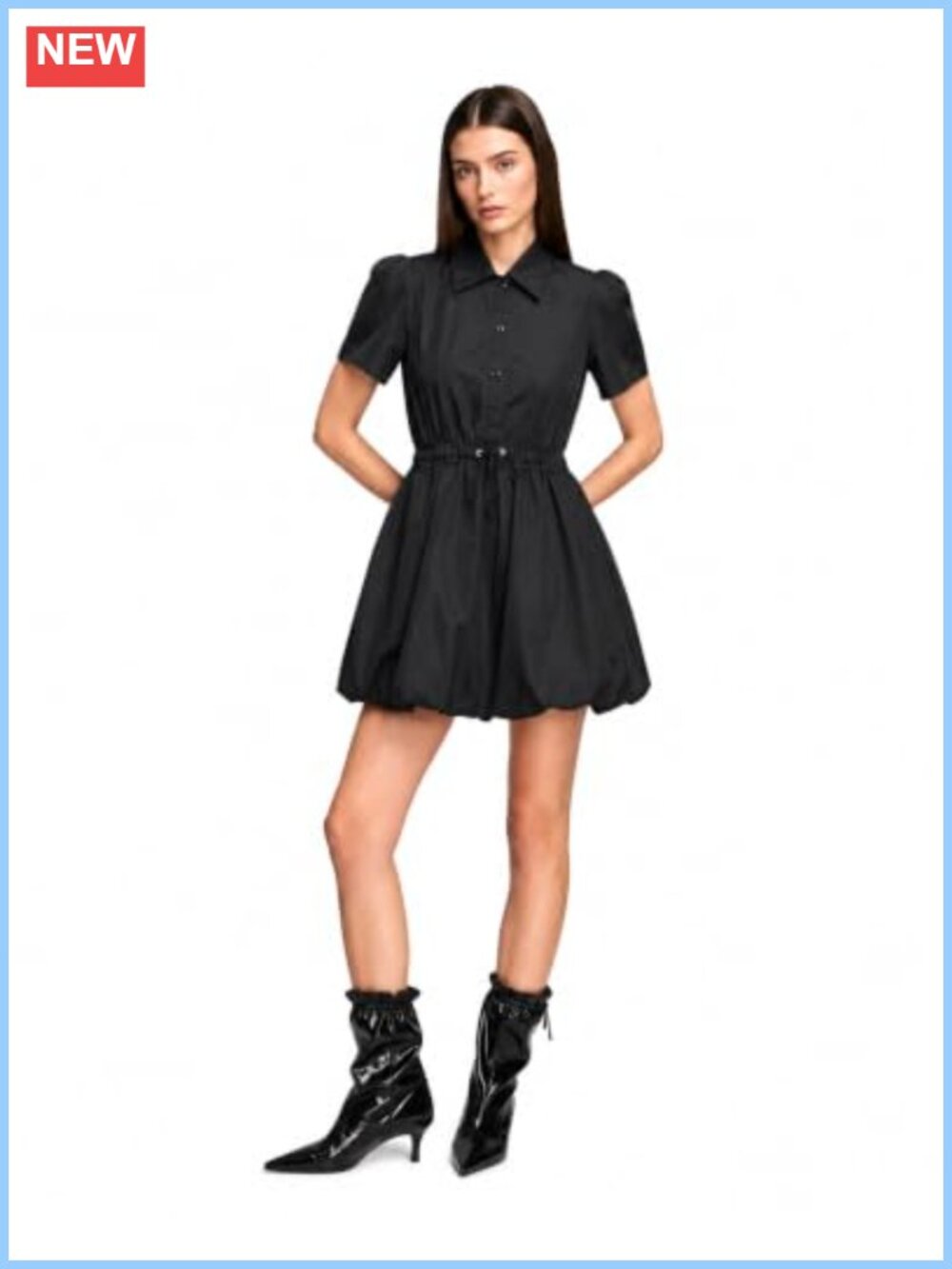 Women's Mini Nylon Bubble Dress Cinched Waist Collared Button